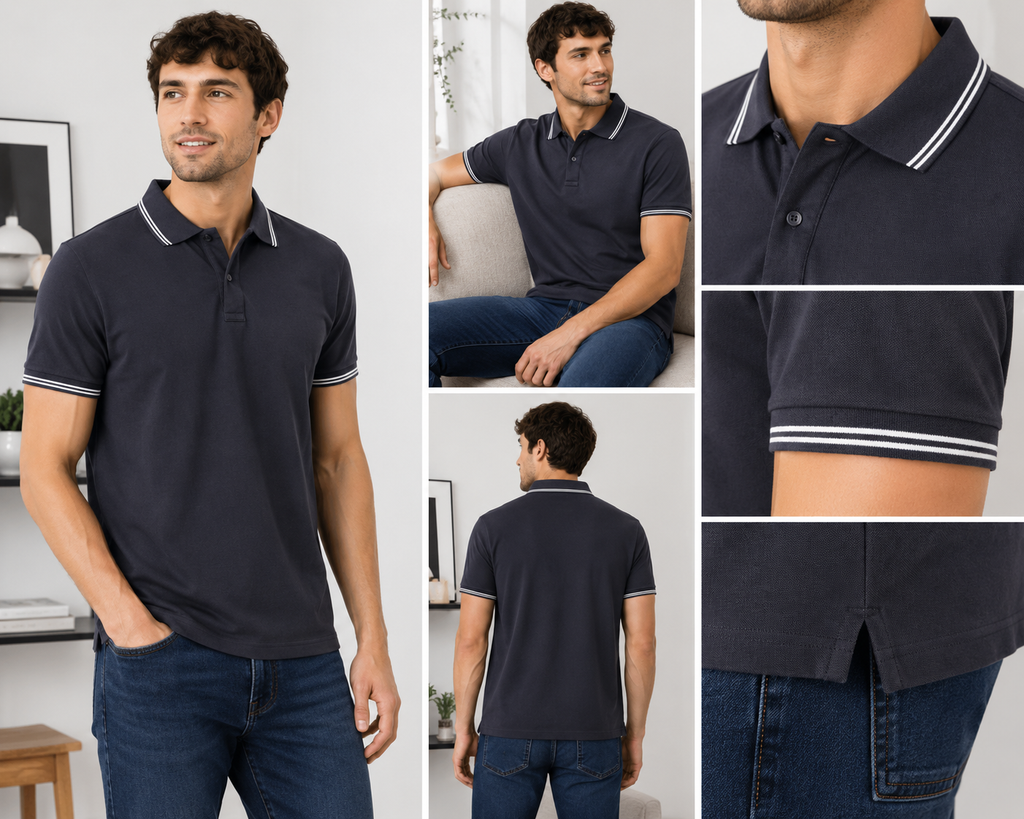 Men’s Navy Polo Shirt Regular Fit with Striped Collar and Cuffs