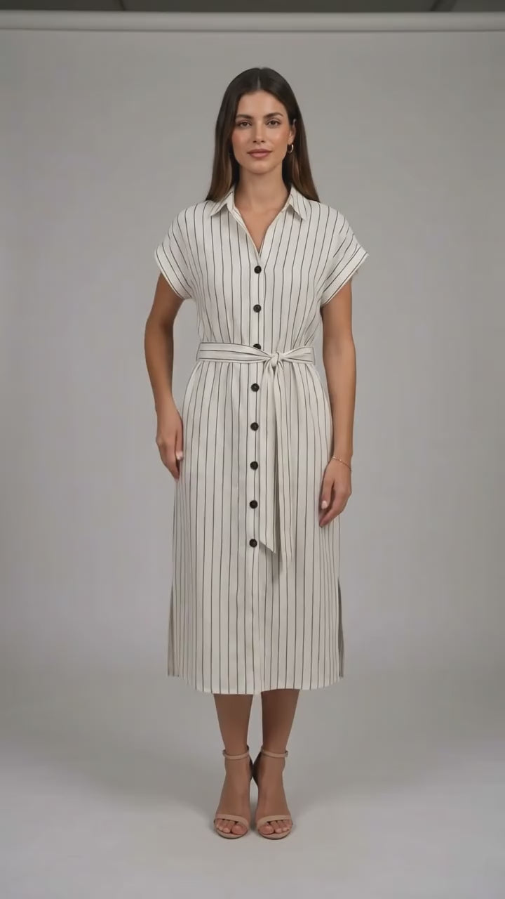 CAROLL PARIS - Linen-Viscose Striped Midi Dress with Self-Tie Belt