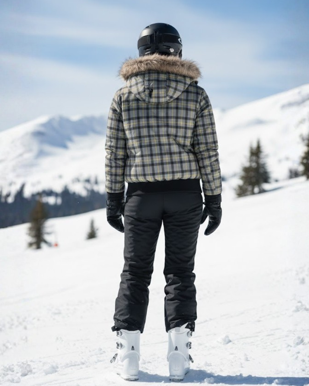 Person in winter clothing standing on a snowy mountain