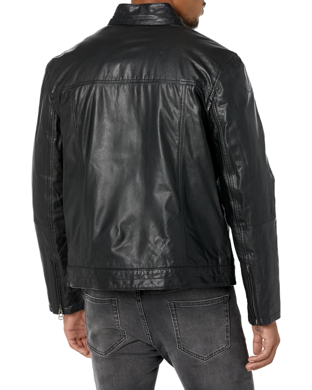 Black leather jacket worn by a man