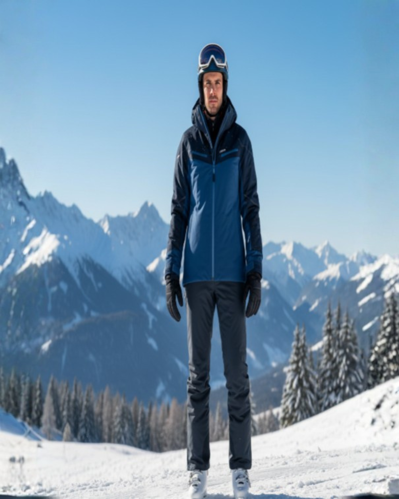Person in winter clothing standing on a snowy mountain with snow-covered trees and mountains in the background.