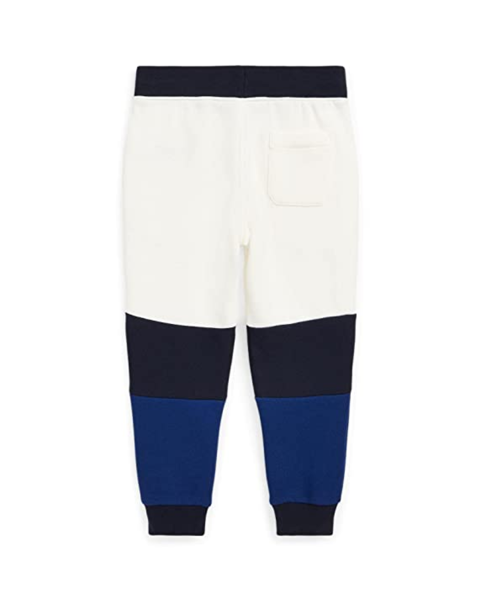 Color-blocked pants with white, navy, and blue sections on a white background