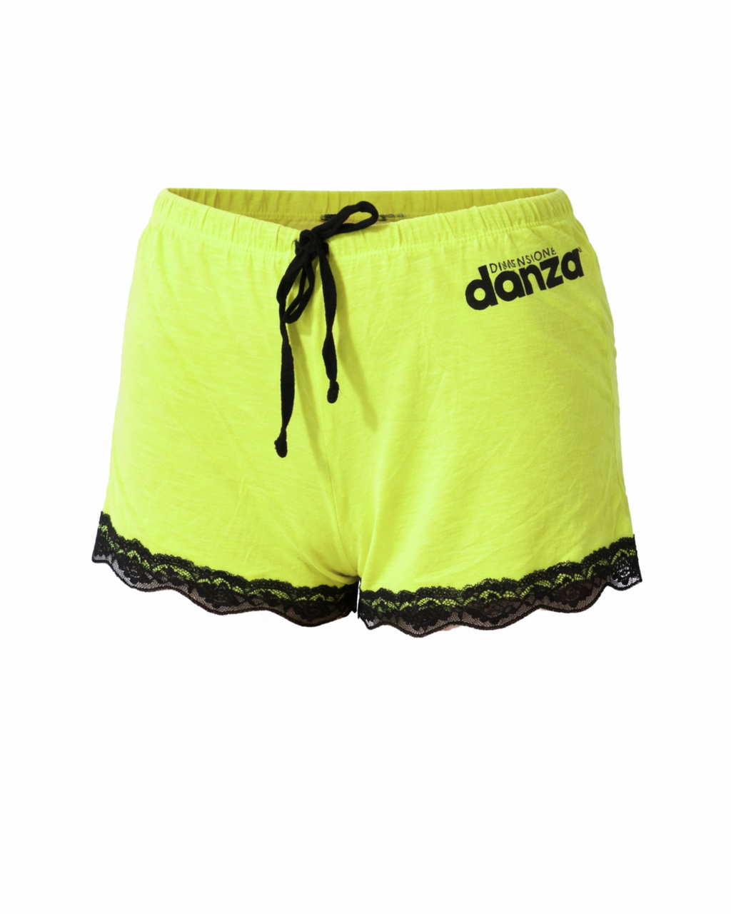 Yellow shorts with black lace trim and 'danza' branding on a white background