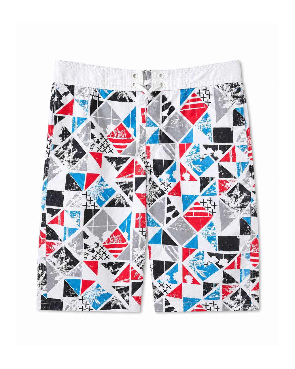 Colorful geometric patterned shorts on a white background
