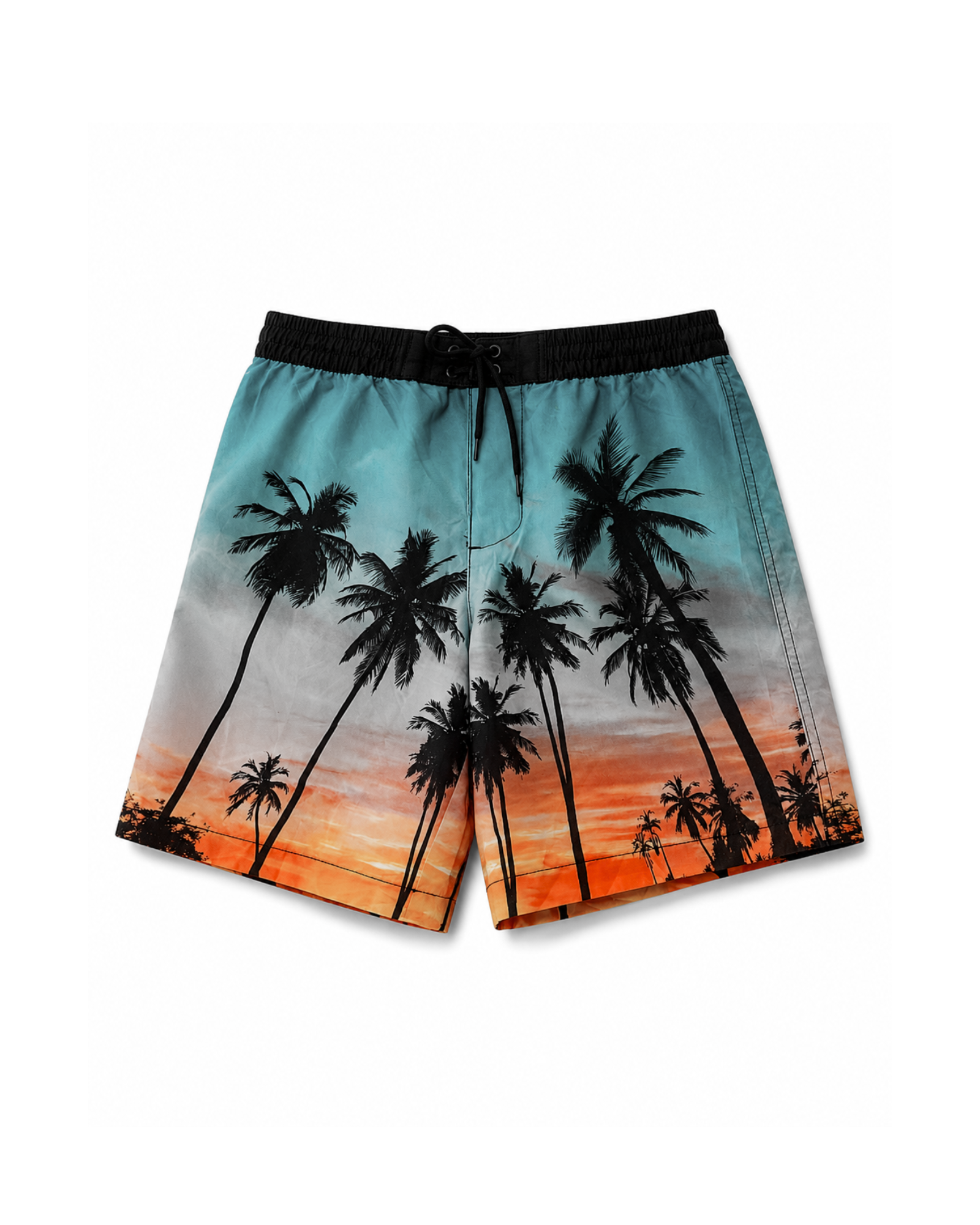 Beach shorts with palm tree design on a white background