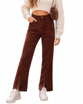 Brown corduroy pants worn by a person on a white background