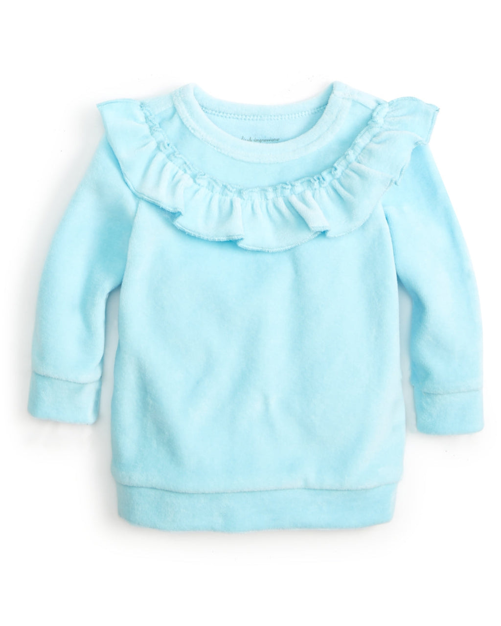 Light blue sweater with ruffled neckline on a white background