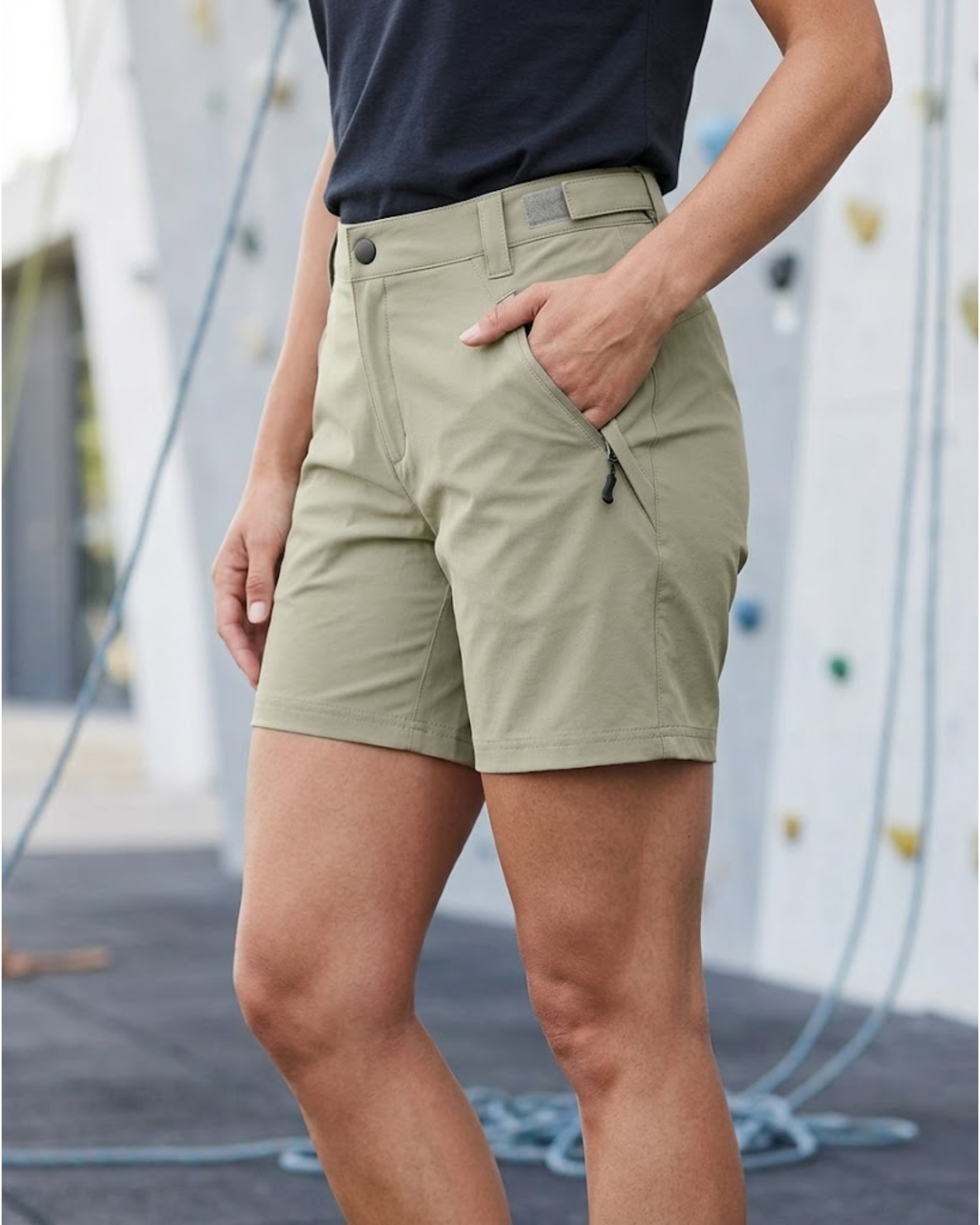 Women wearing beige shorts with a blurred background