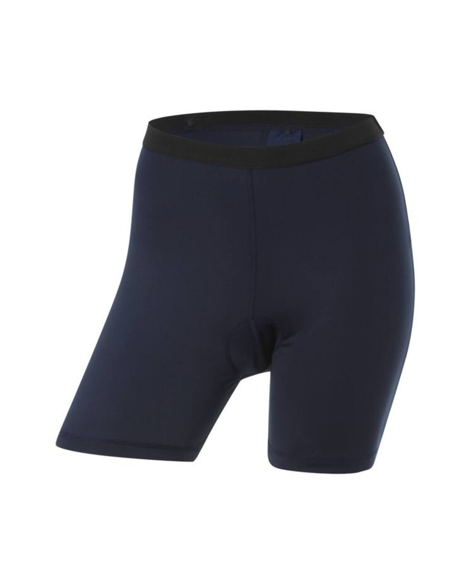 Navy blue athletic shorts with a brand logo on a white background