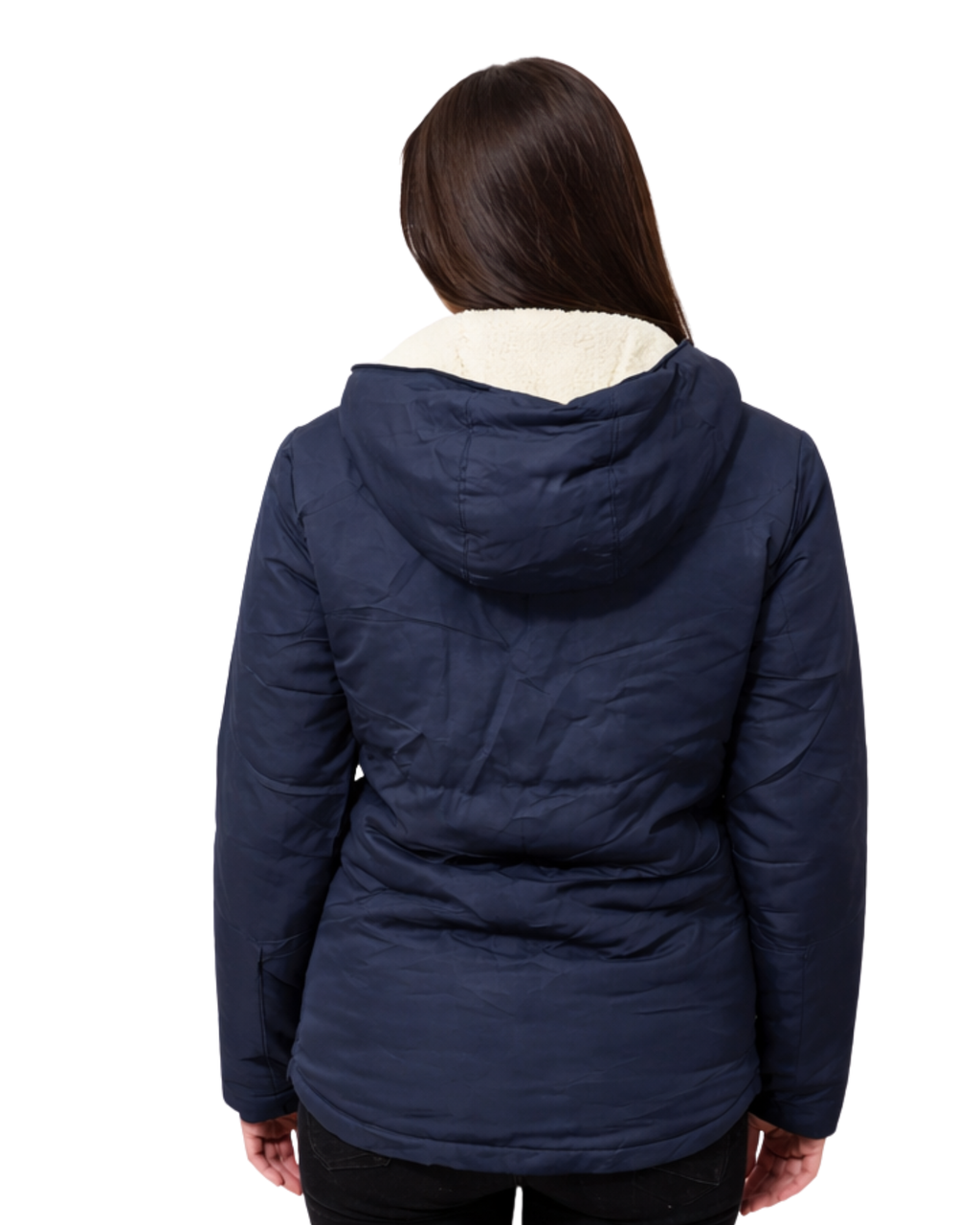 Person wearing a navy blue jacket with a hood on a white background