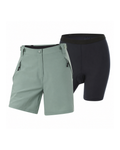 Two pairs of shorts, one green and one black, on a white background.