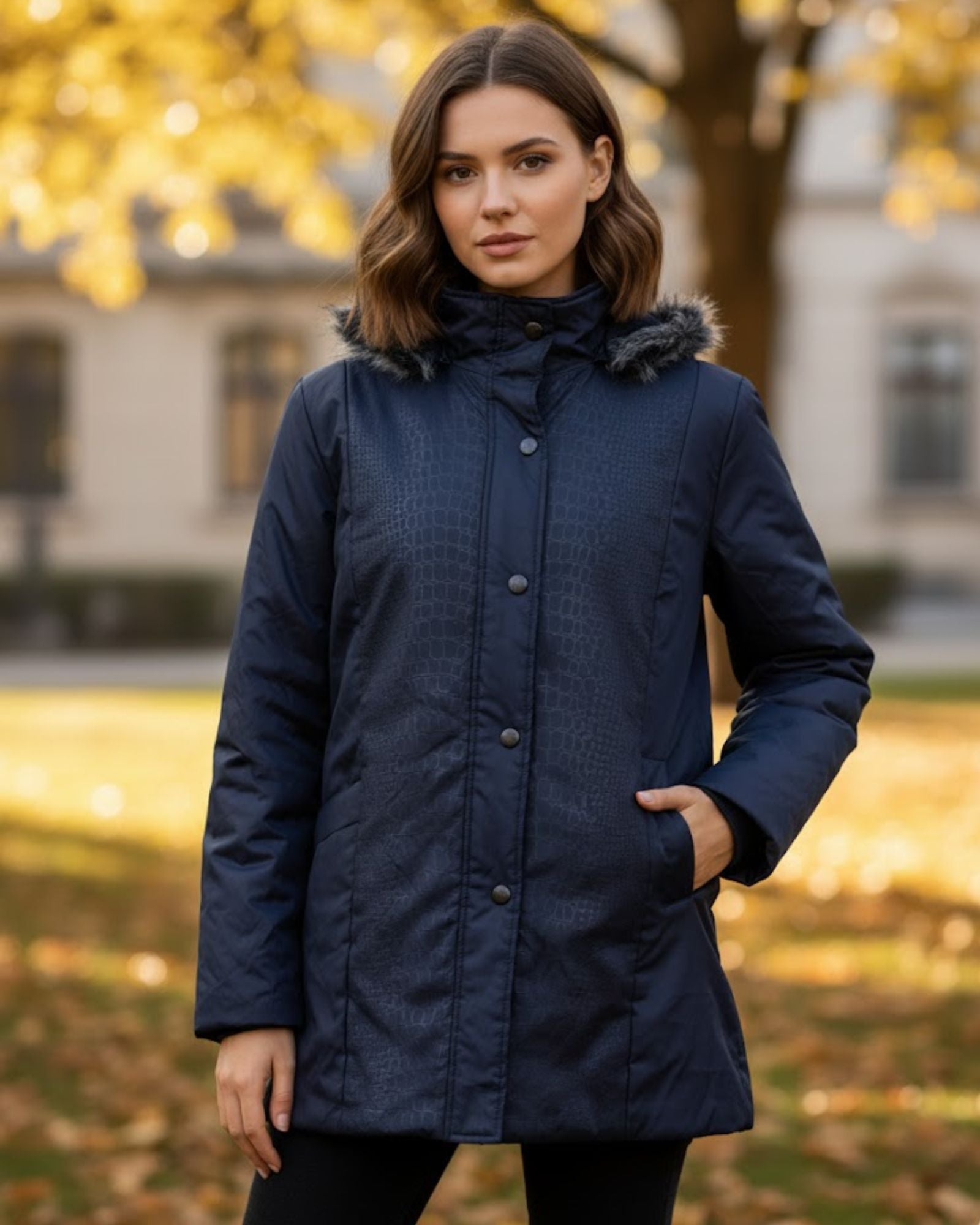 Woman wearing a navy blue coat with fur-lined hood in an outdoor setting with trees and grass.