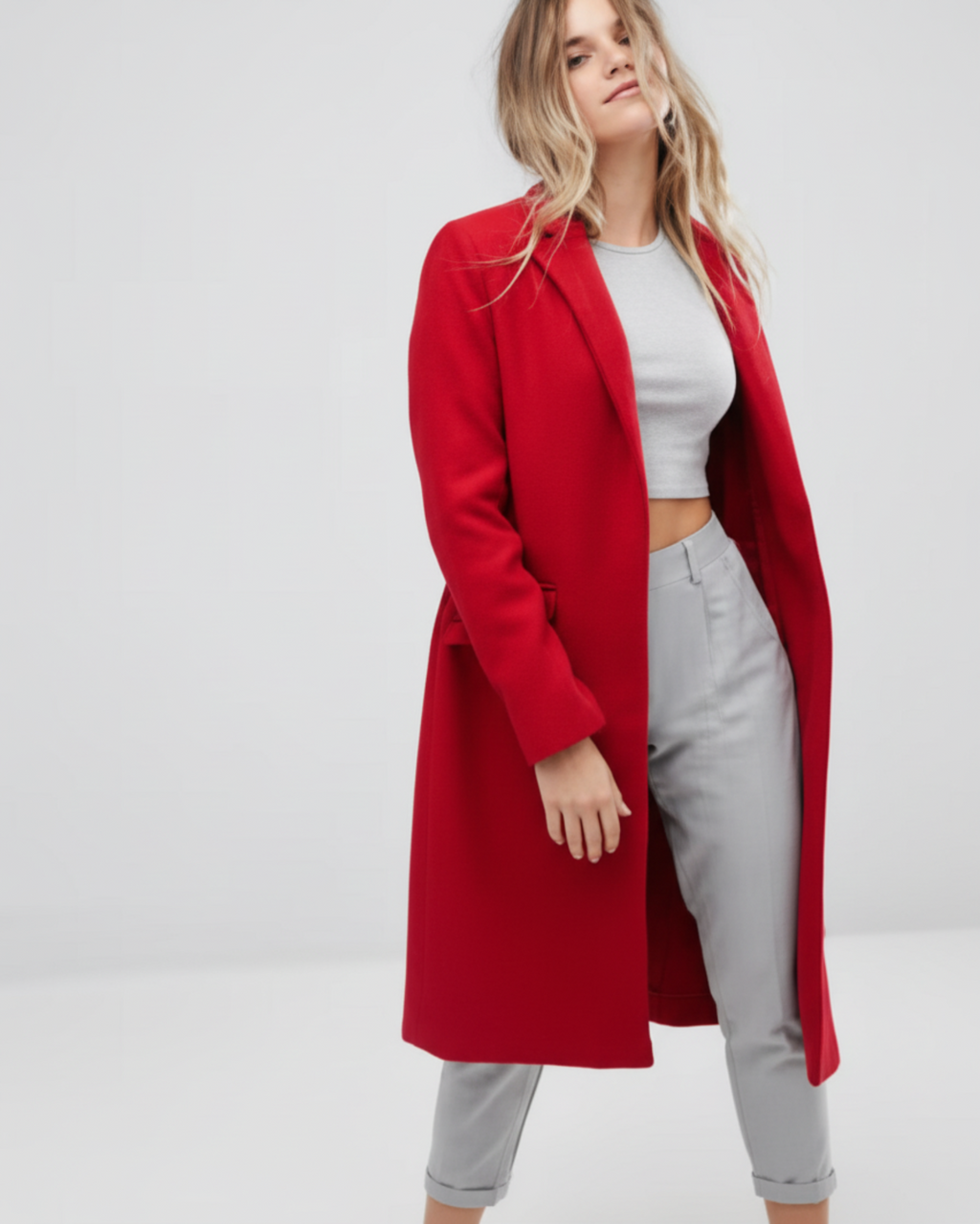 BERSHKA - Red Wool Blend Longline Formal Lined Coat Jacket