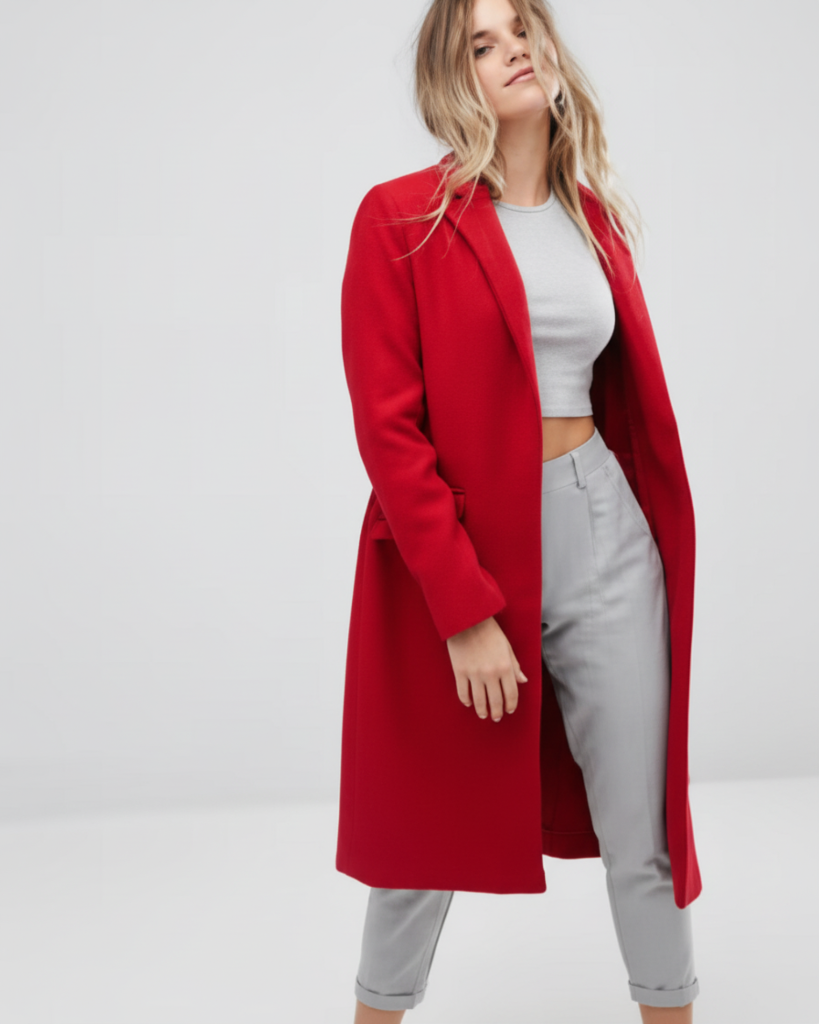 BERSHKA - Red Wool Blend Longline Formal Lined Coat Jacket