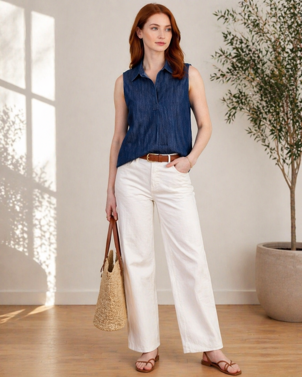 Woman wearing a blue sleeveless shirt and white pants standing indoors with a plant and window in the background.