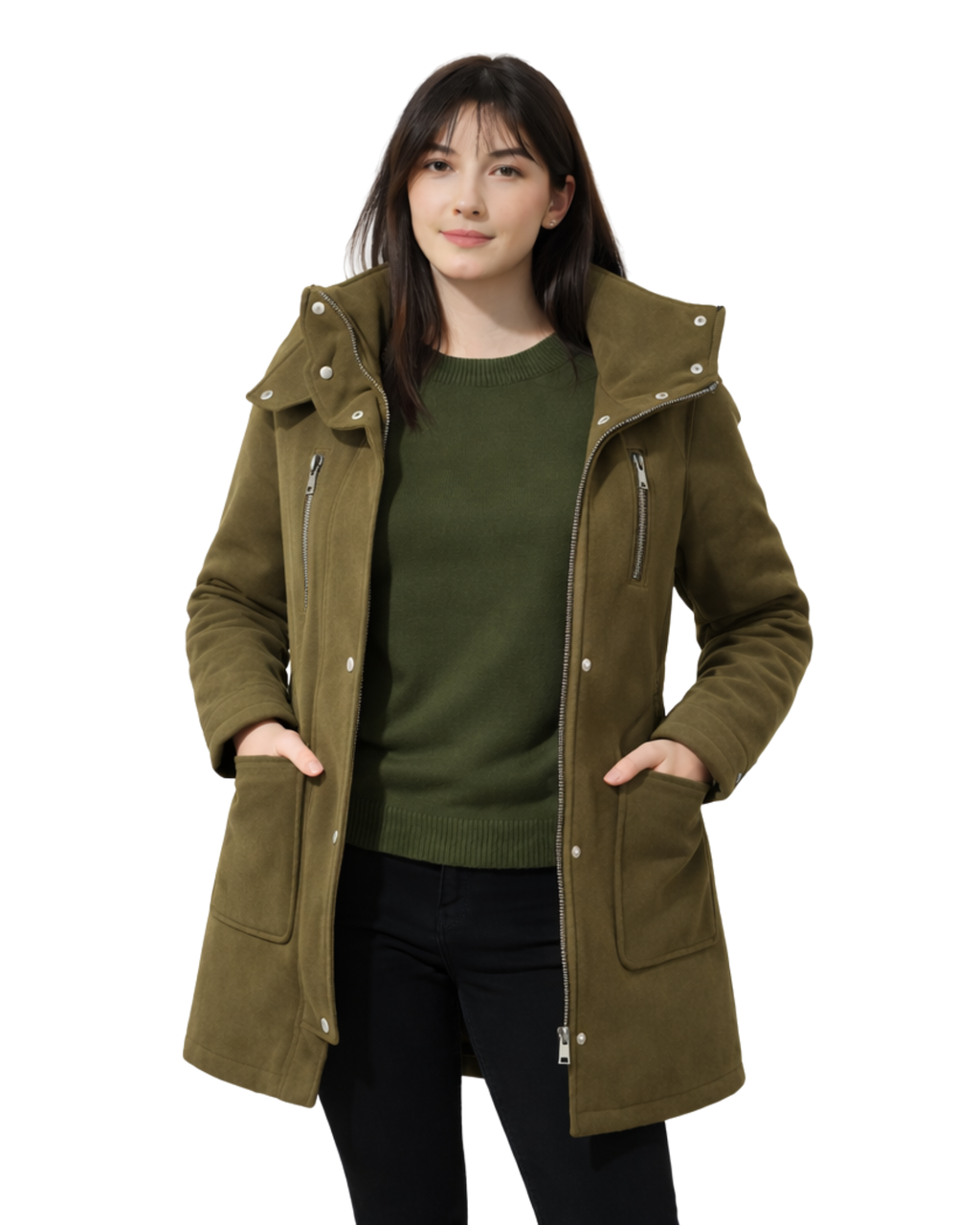 Woman wearing an olive green coat