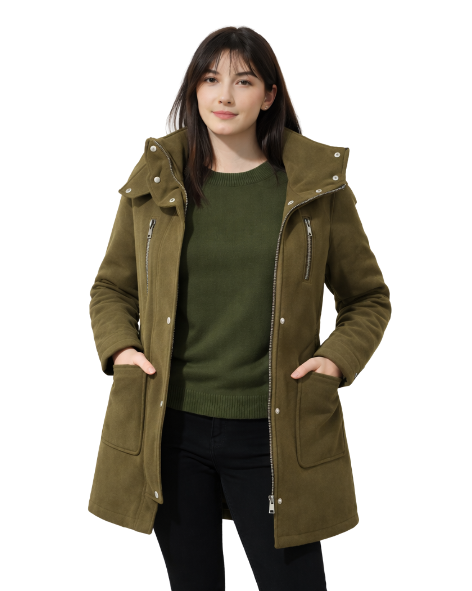 Woman wearing an olive green coat
