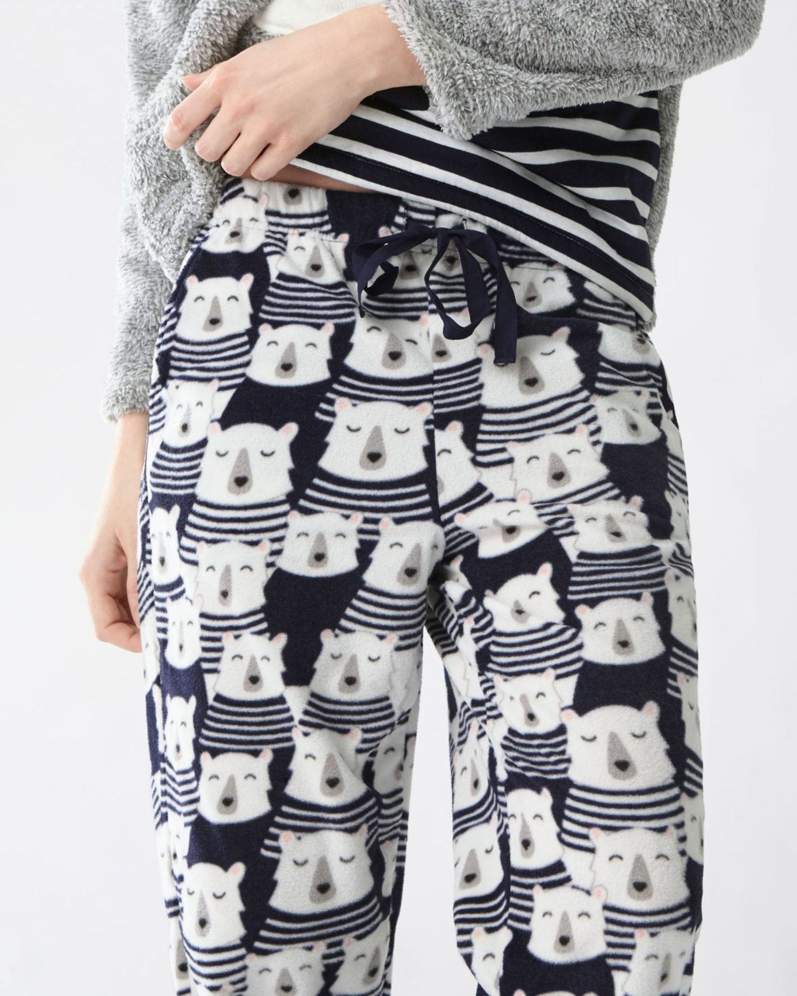 Pajama pants with polar bear pattern on a white background
