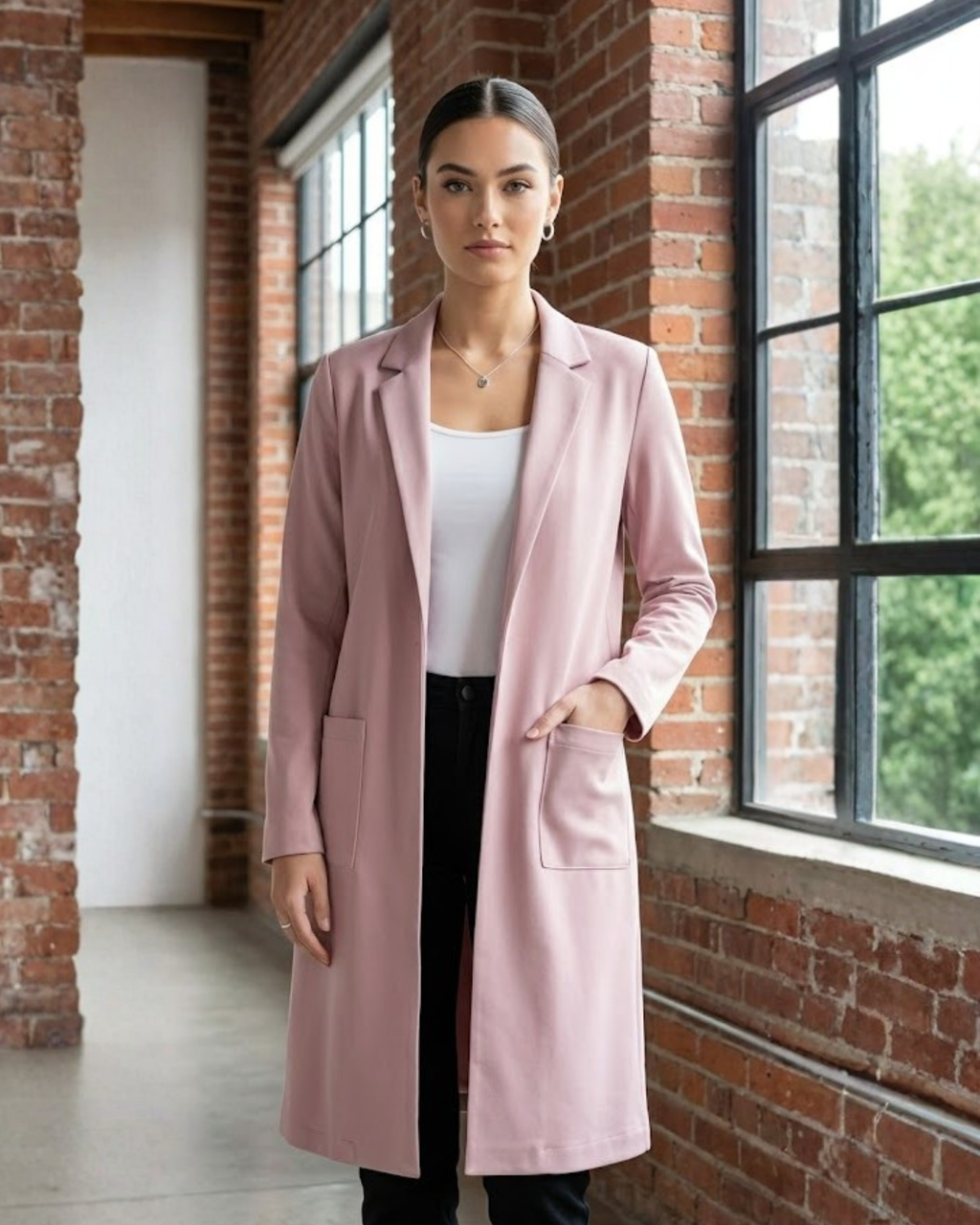 Woman wearing a pink coat 