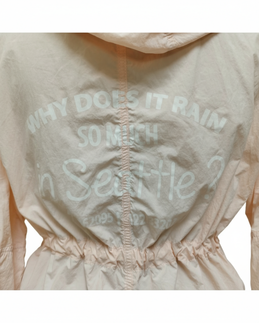 Light-colored jacket with text 'Why does it rain so much in Seattle?' on a white background