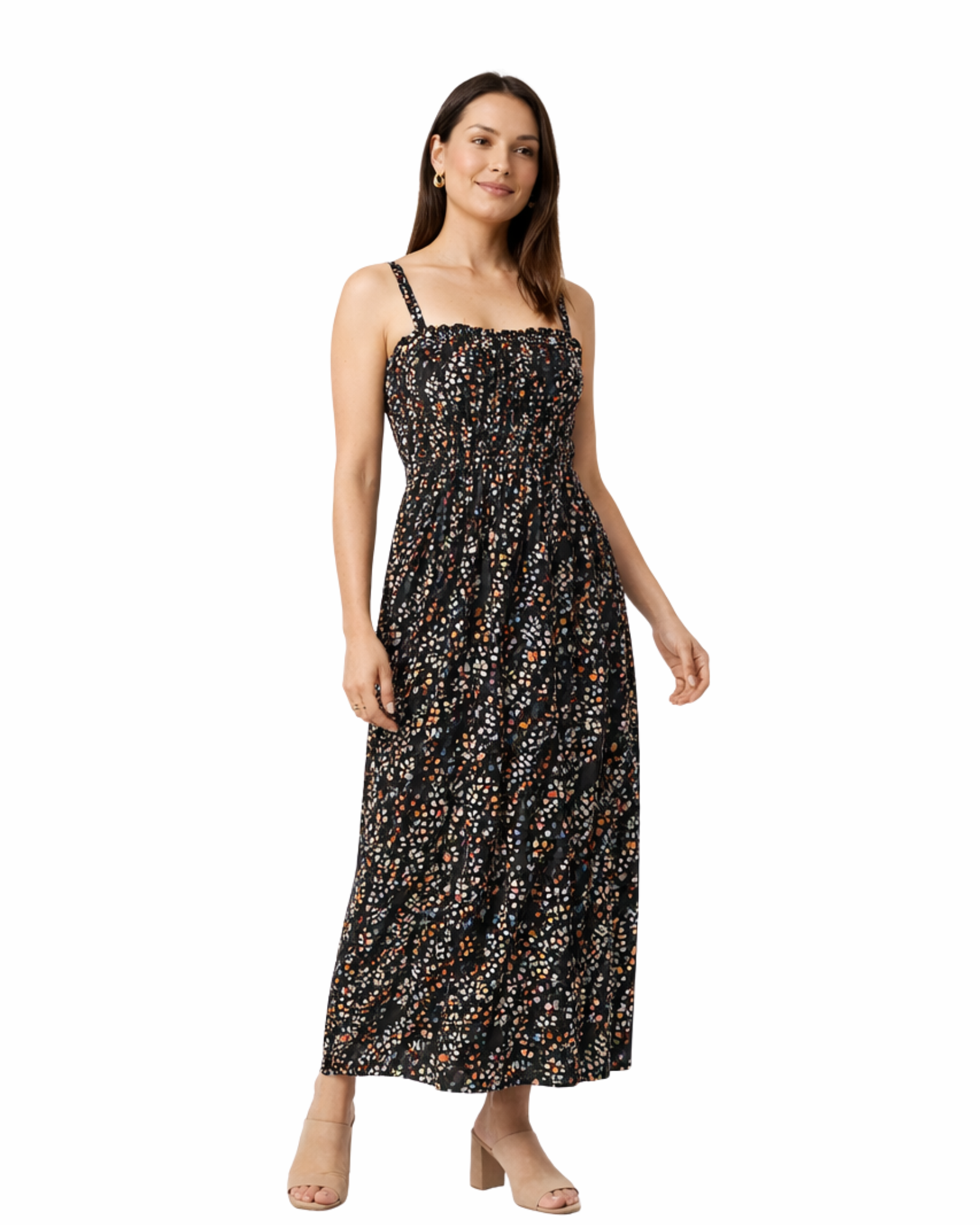 Woman wearing a black floral dress on a white background