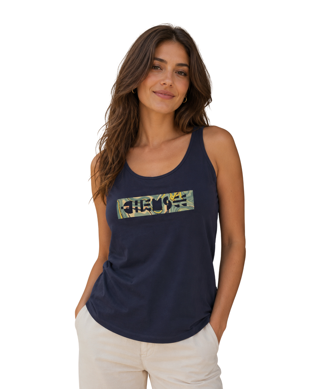woman wearing summer navy top with creme color pant