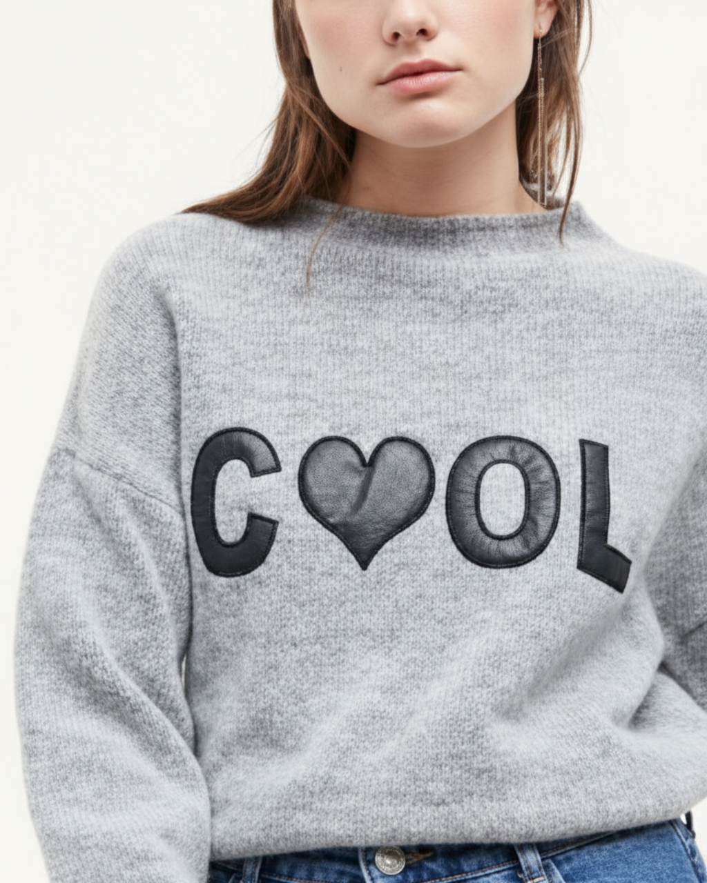 Gray sweater with 'COOL' and a heart design 