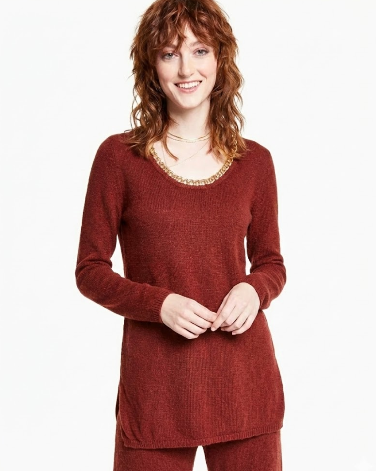 Woman wearing a red sweater on a white background