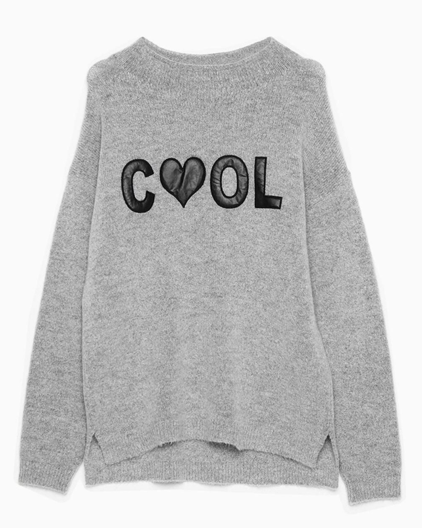 Gray sweatshirt with 'COOL' and a heart on the back against a white background