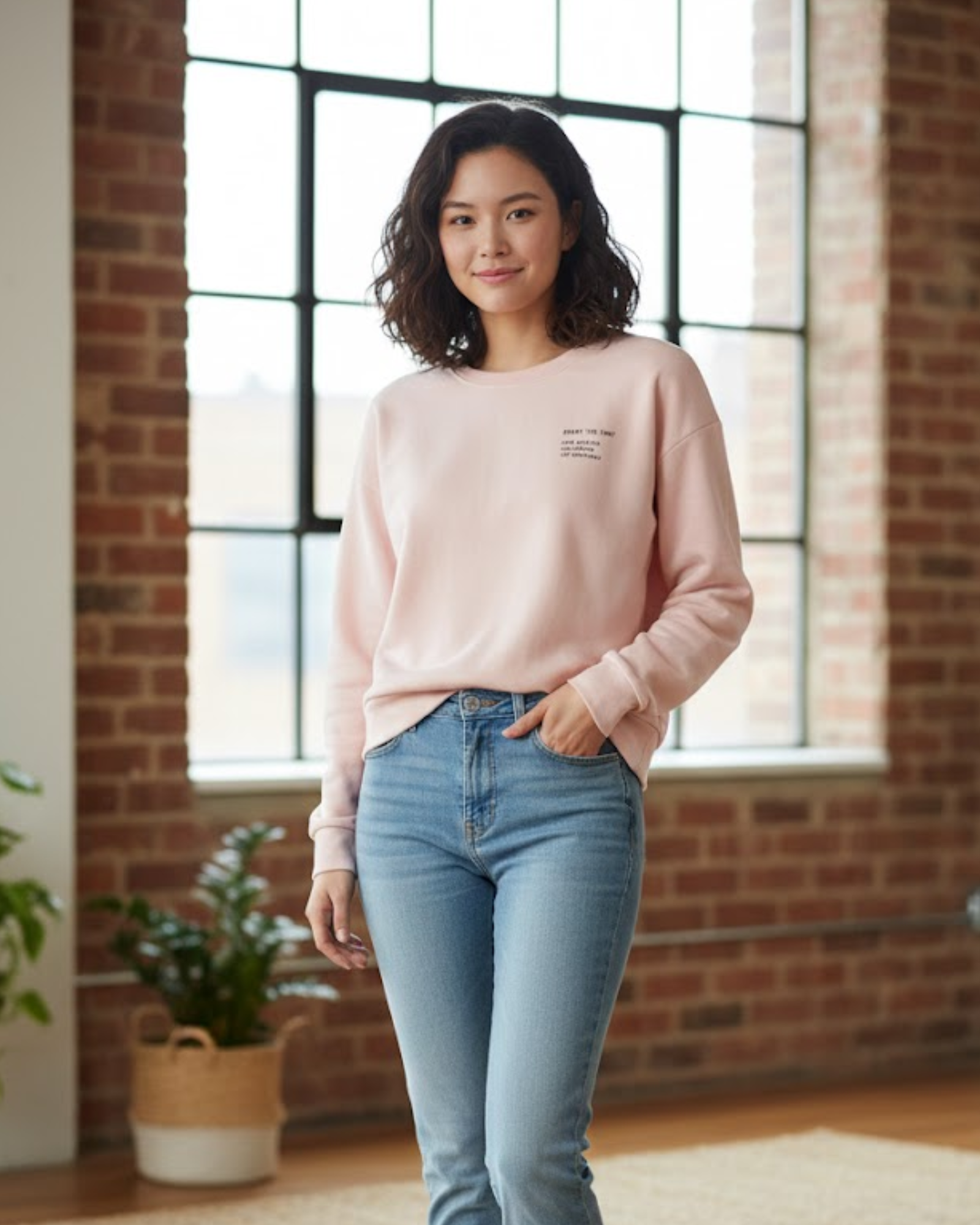 Woman wearing a pink sweatshirt and blue jeans standing in a room with brick walls and large windows.