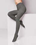 Gray tights worn by a person on a white background