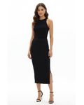 Woman wearing a black sleeveless top with a black knit long skirt, perfect for fall/winter 