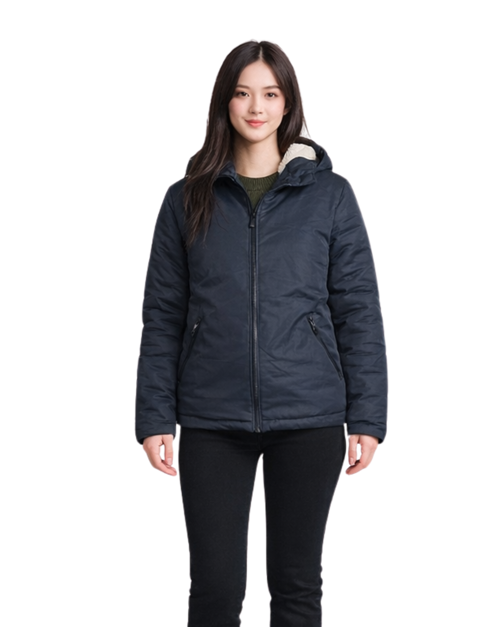 Woman wearing a navy blue jacket with a white background