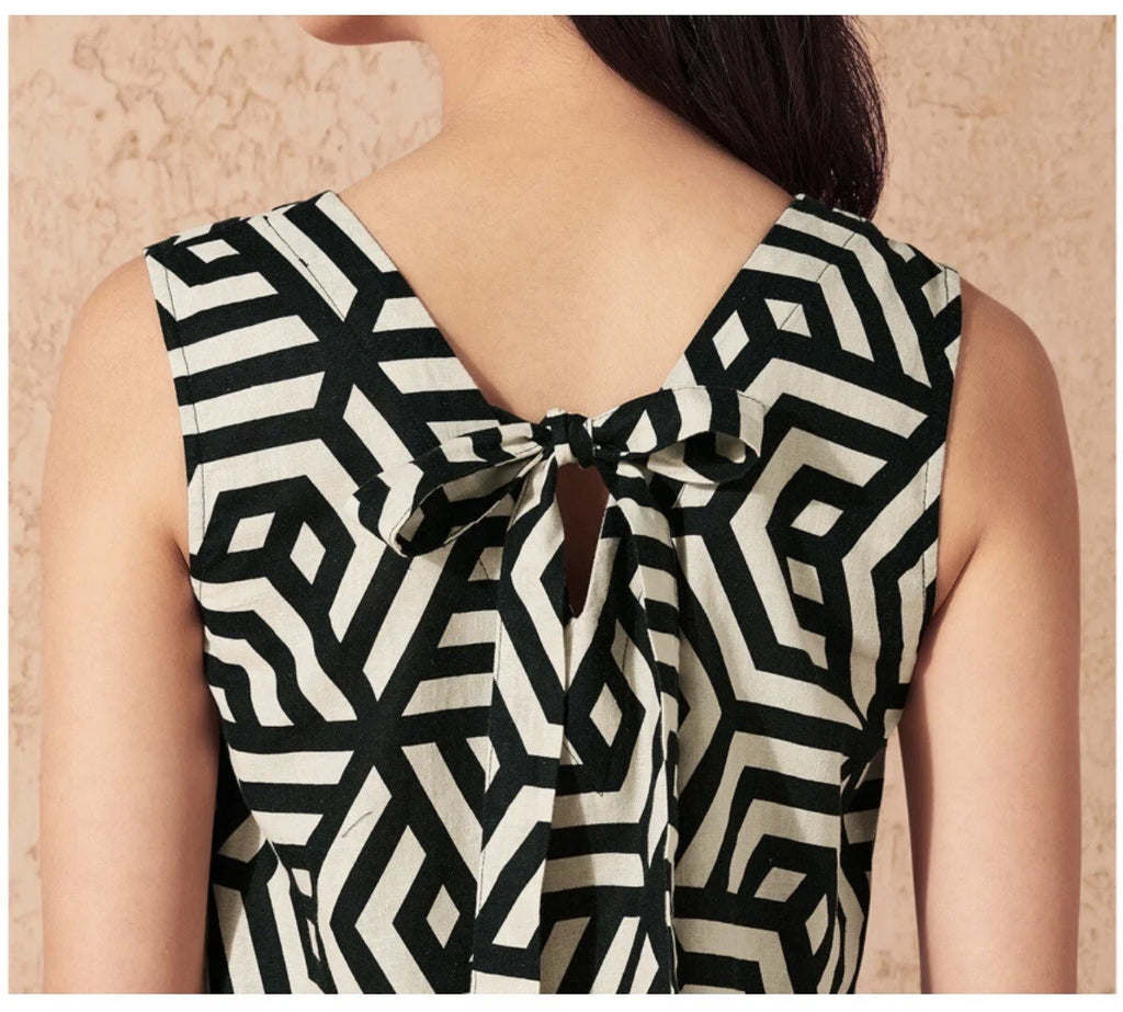 ESMARA - Geometric Print Linen Blend V-Neck Tiered Dress