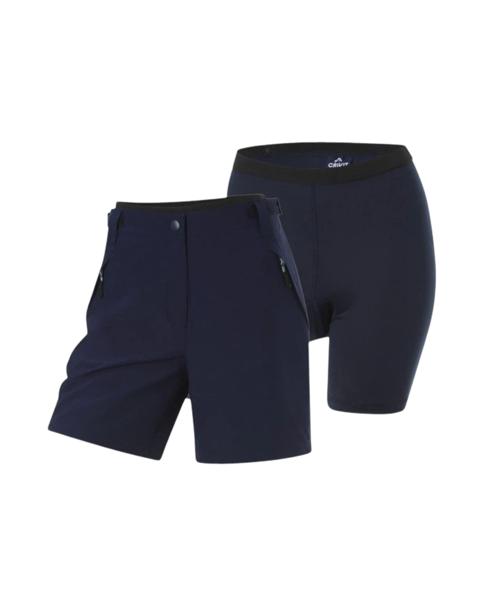 Navy blue shorts with a visible brand logo on a white background